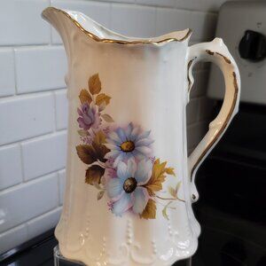 Vintage House of Webster Blue Sapphire Floral Gold Rimmed Porcelain Pitcher MCM